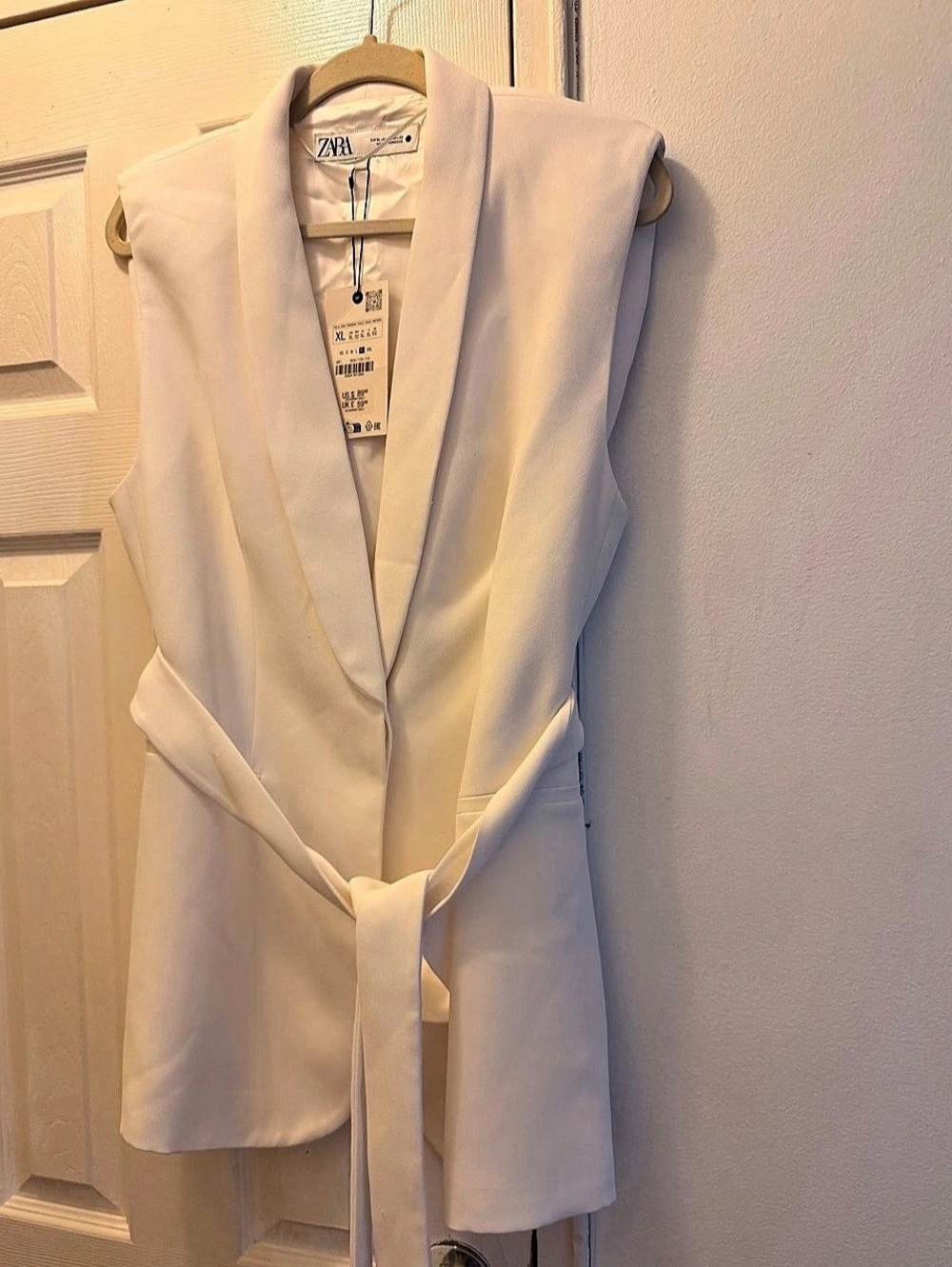 Zara Belted Long Vest Blazer White Belted Vest Size Medium